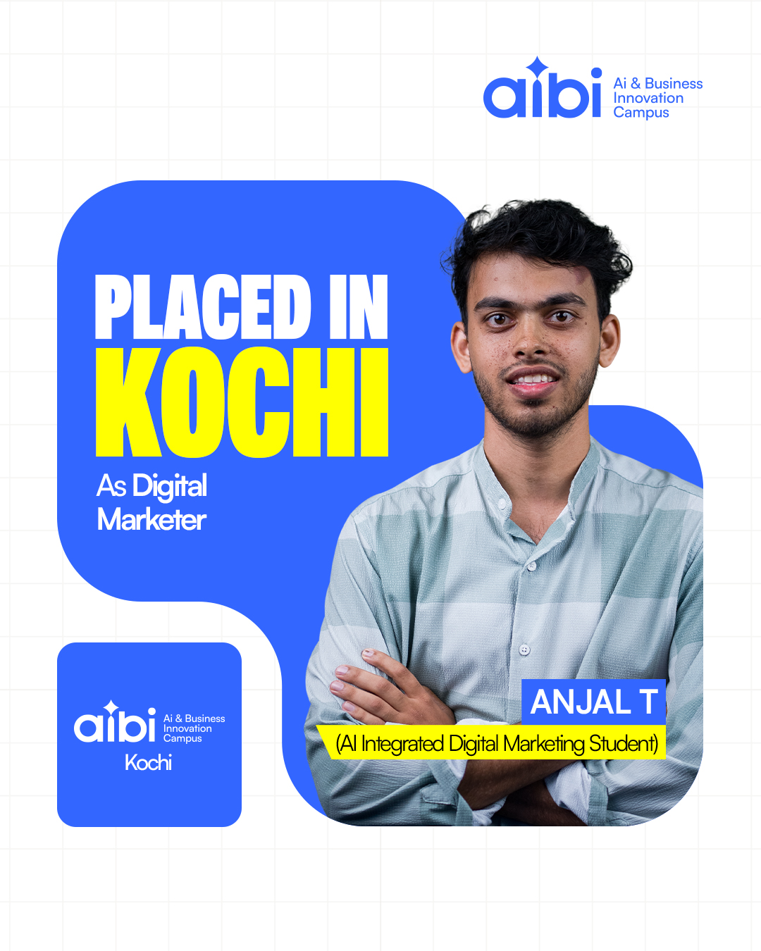 “Placement success poster featuring Anjal T, an AI Integrated Digital Marketing student from AIBI – 
