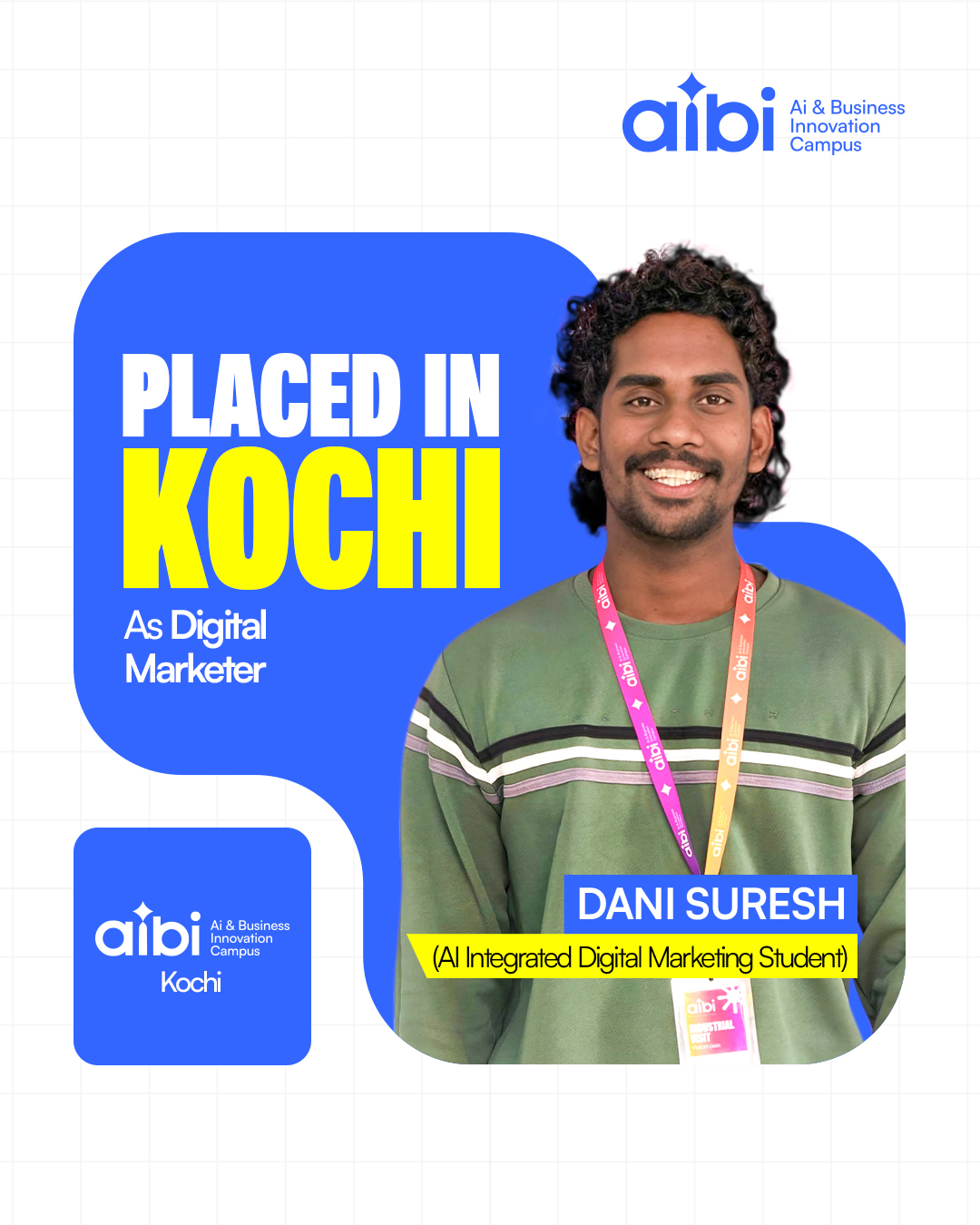“Placement success poster featuring Dani Suresh, an AI Integrated Digital Marketing student from AIB