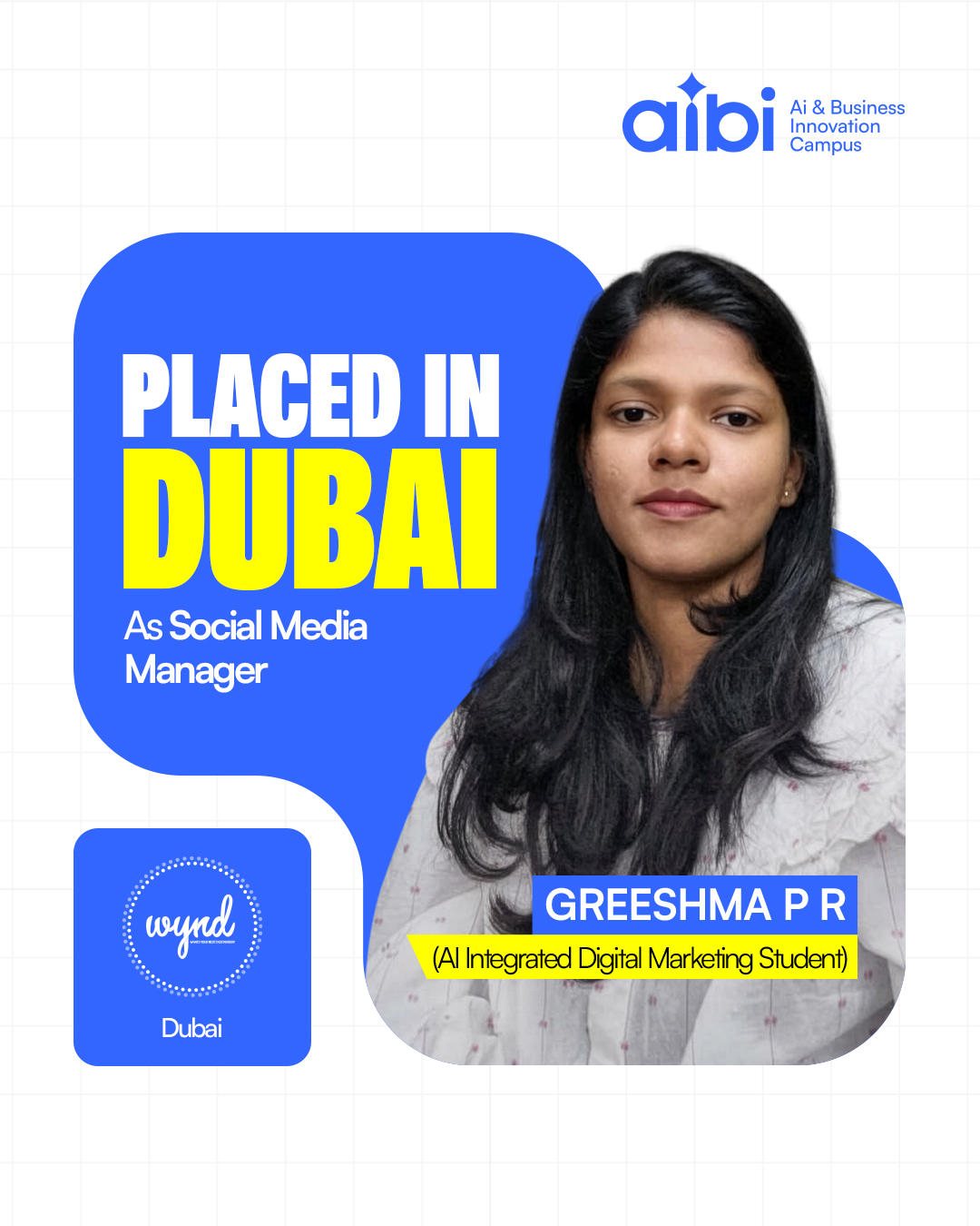 “Placement success poster featuring Greeshma PR, an AI Integrated Digital Marketing student from AIB