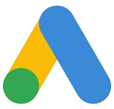 Google Ads logo featuring a blue and yellow stylized “A” shape with a green circle at the base on a transparent background.