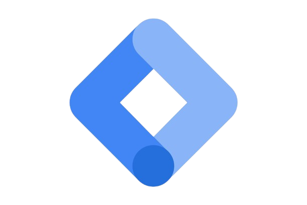 Google Tag Manager logo with a blue diamond-shaped icon and a circular element at the bottom on a transparent background.