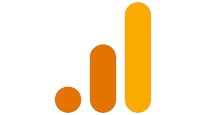 Google Analytics logo featuring three vertical orange and yellow bars of increasing height with a small circular dot on the left, displayed on a transparent background.